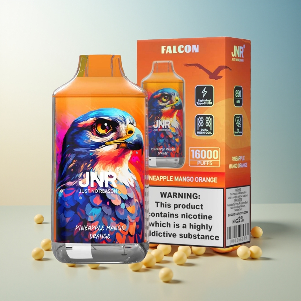 JNR Falcon 16000 Puff 850 mAh 22ml Çift Mesh Coil Tip C & Lightning Akıllı LED Ekran %0,%2 Nikotin Ananas Mango Portakal