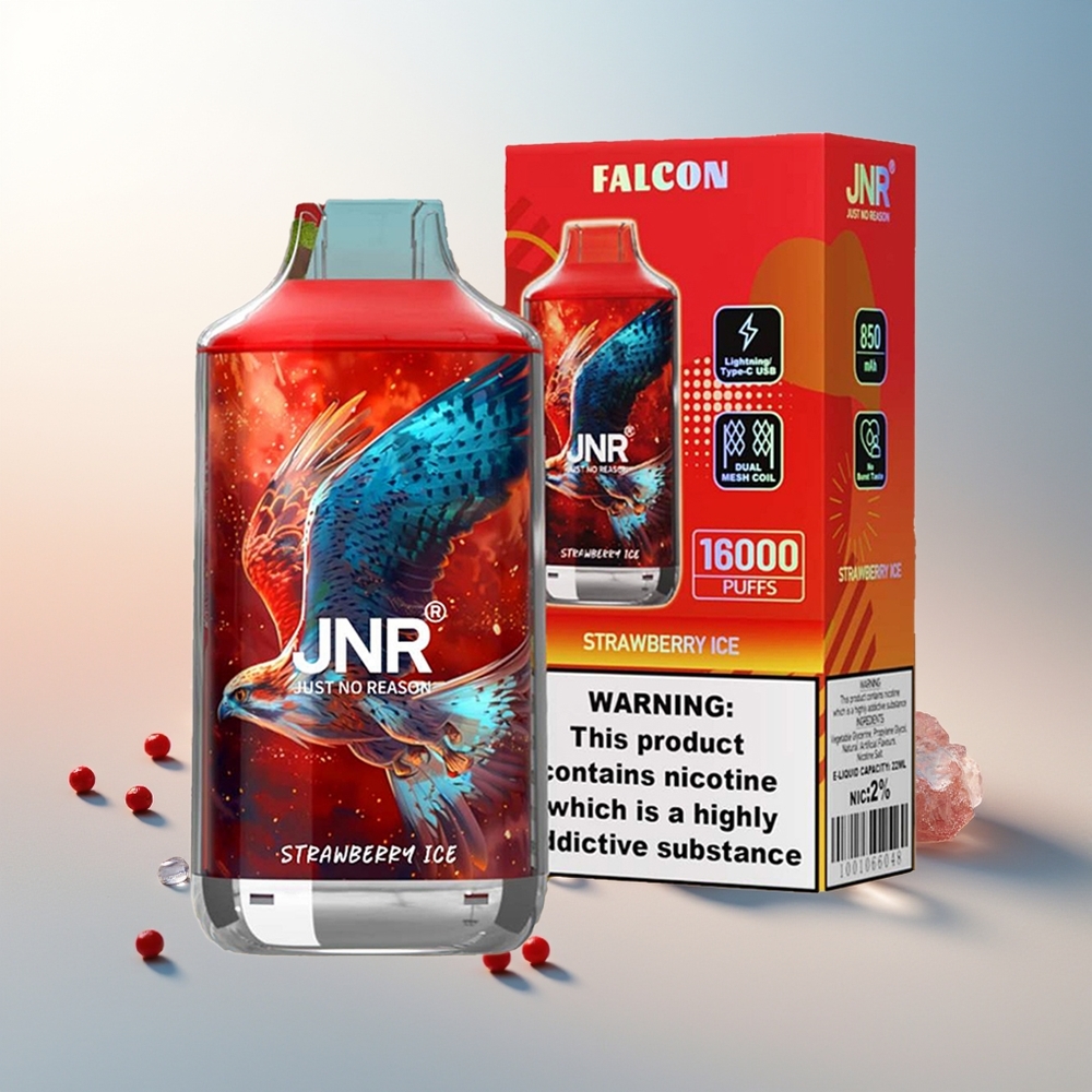 JNR Falcon 16000 Puff 850mAh 22ml Çift Mesh Coil Tip C & LED Ekran Çilek Buz
