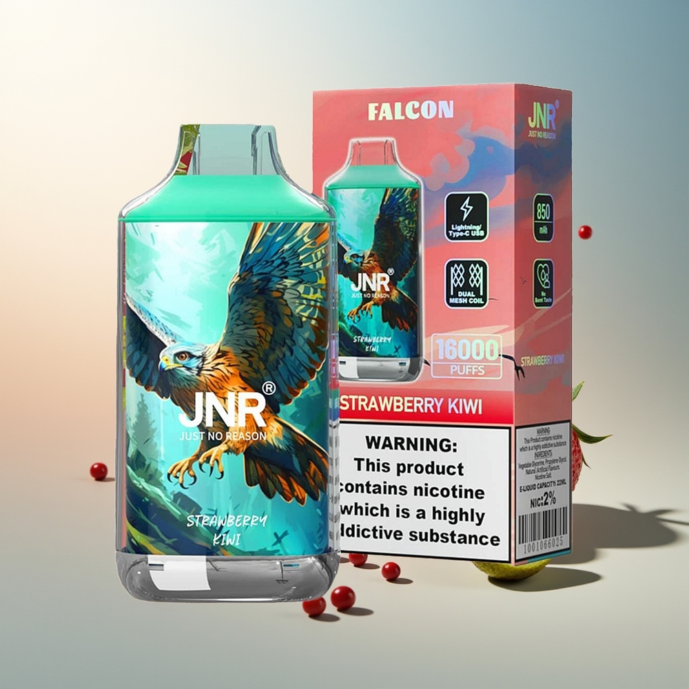 JNR Falcon 16000 Puff 850mAh 22ml Çift Mesh Coil Tip C ve Lightning Akıllı LED Ekran Çileki Kivi