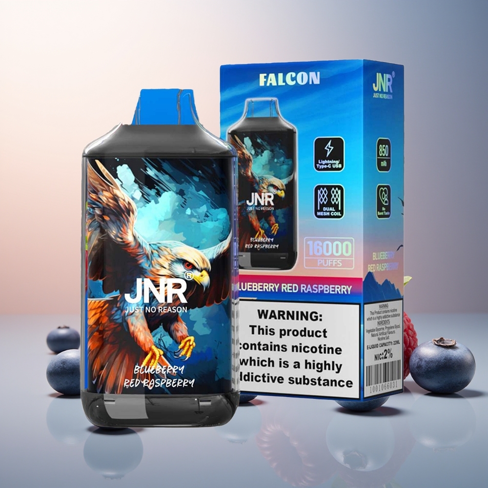 JNR Falcon 16000 Puff 850mAh 22ml Çift Mesh Coil Type C & LED Ekran Yaban Mersini Kırmızı Ahududu