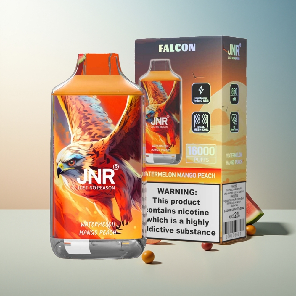 JNR Falcon 16000 Puff Akıllı LED Ekran 850 mAh 22ml Dual Mesh Coil Tip C & Lightning Karpuz Mango Şeftali