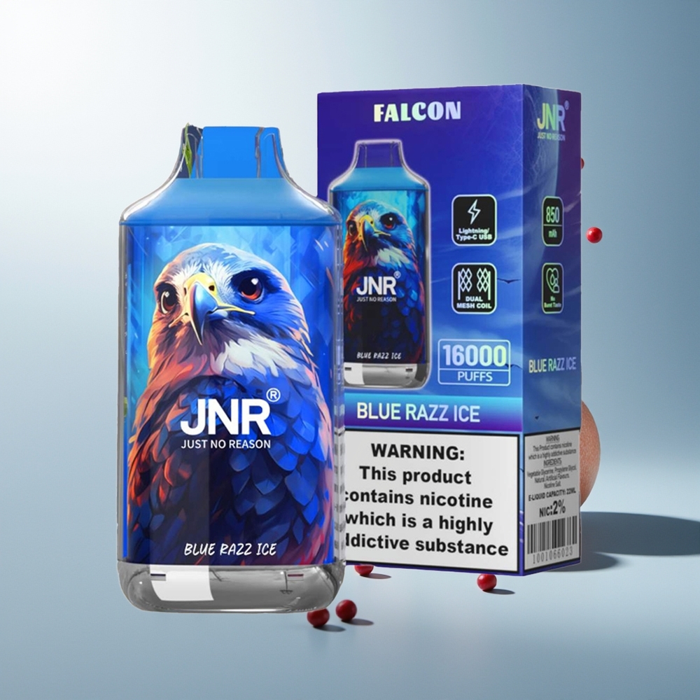 JNR Falcon 16000 Puff Akıllı LED Ekran 850mAh 22ml Çift Mesh Bobin Mavi Ahududu Buz