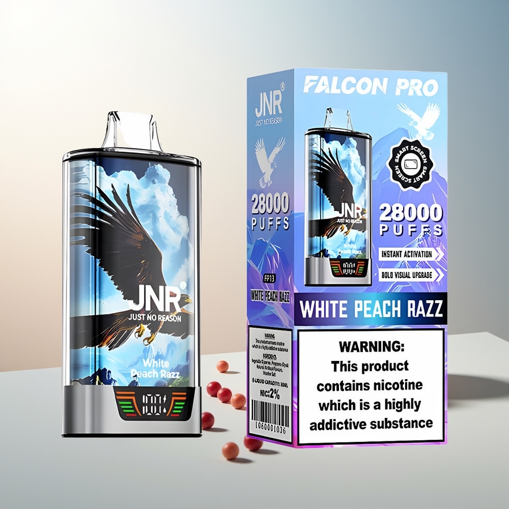 JNR Falcon Pro 28000 Puff 30ml 950mAh Akıllı Ekran Beyaz Şeftali Ahududu