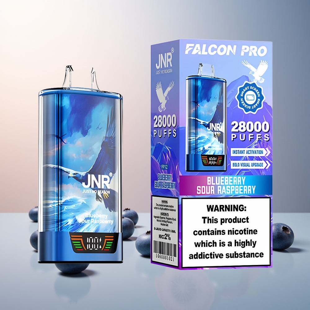 JNR Falcon Pro 28000 Puff 30ml 950mAh Akıllı Ekran Çift Mesh Mavi Ahudulu Ekşi Ahududu