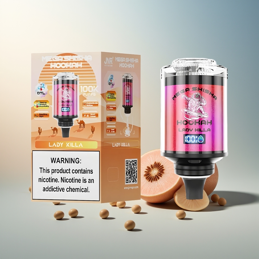 JNR Mega Shisha Hookah 100K 70.2mmx270mmx143.2mm 60ml 2200mAh Type-C Nefes Işık Akıllı Ekran Ayarlanabilir Hava Akışı Lady Killa