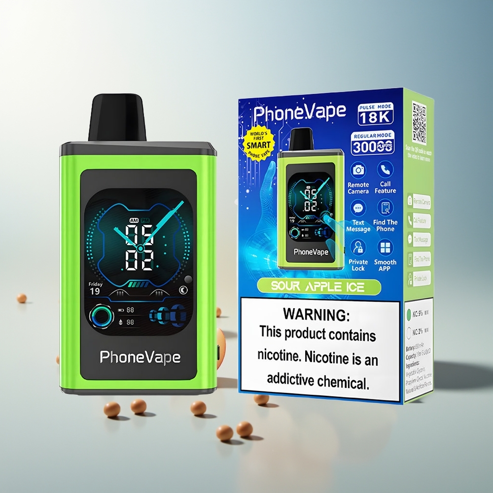 JNR PhoneVape 30000 puf Turbo Modlu Tam Ekran Ayarlanabilir Hava Akışlı 850mAh Type-C Şarjlı Uygulama Kontrollü Ekşi Elma Buz Aromalı