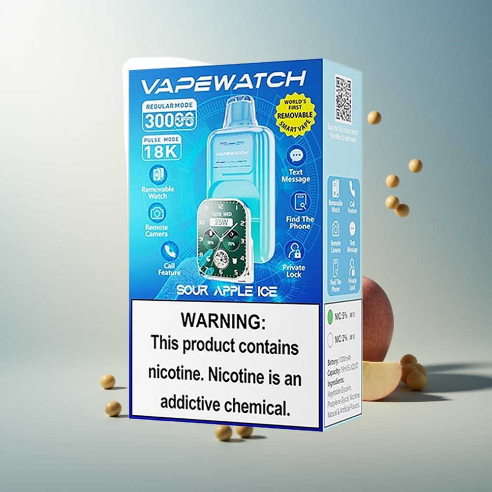 JNR VapeWatch 30000 Puff Çift Mesh Coil Type-C Hızlı Şarj 19mL 5% Nikotin Ekşi Elma Buz