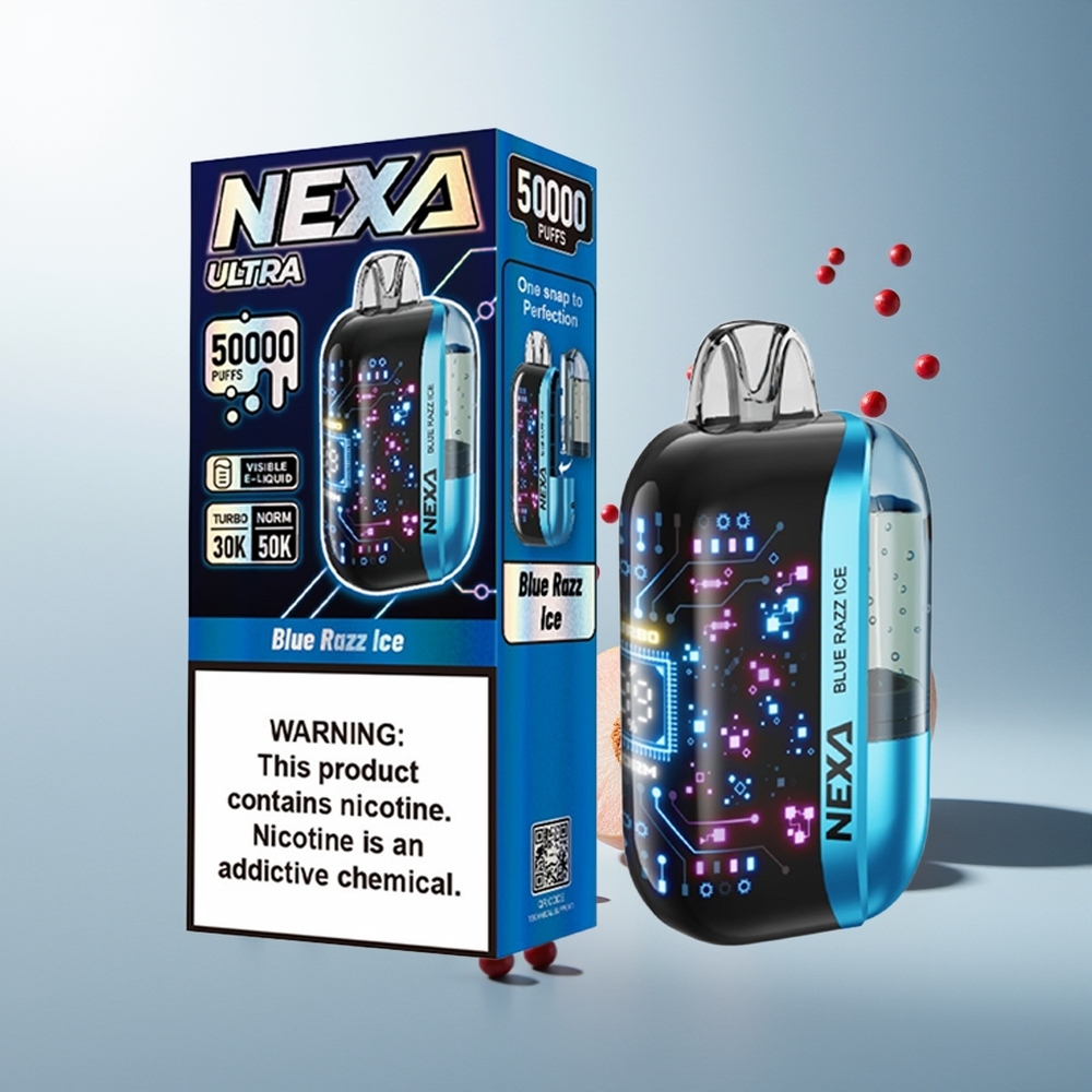 NEXA Ultra 50000 Puff 20ml 800mAh 5% Nikotin Mavi Ahududu Buz Tip-C Şarj 3D Kavisli Ekran