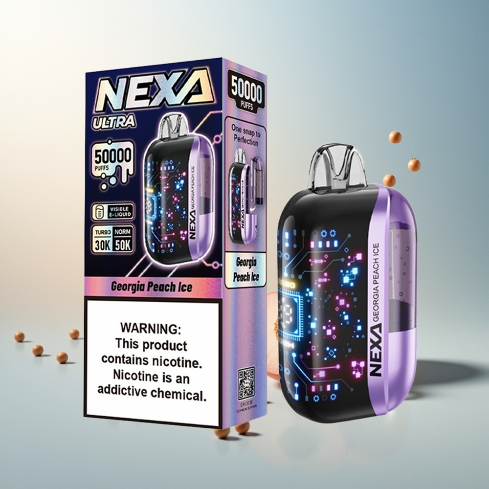 NEXA Ultra 50000 Puff 20ml 800mah 5% Nikotin 0.9ohm Çift Mesh Ekran Türü-C Şarj Gürcü Şeftali Buz