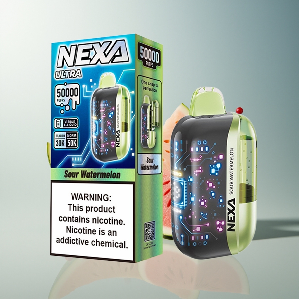 NEXA Ultra 50000 Puff 20ml 800mah 5% Nikotin 0.9ohm Çift Mesh Ekran Tip-C Şarj Ekşi Karpuz