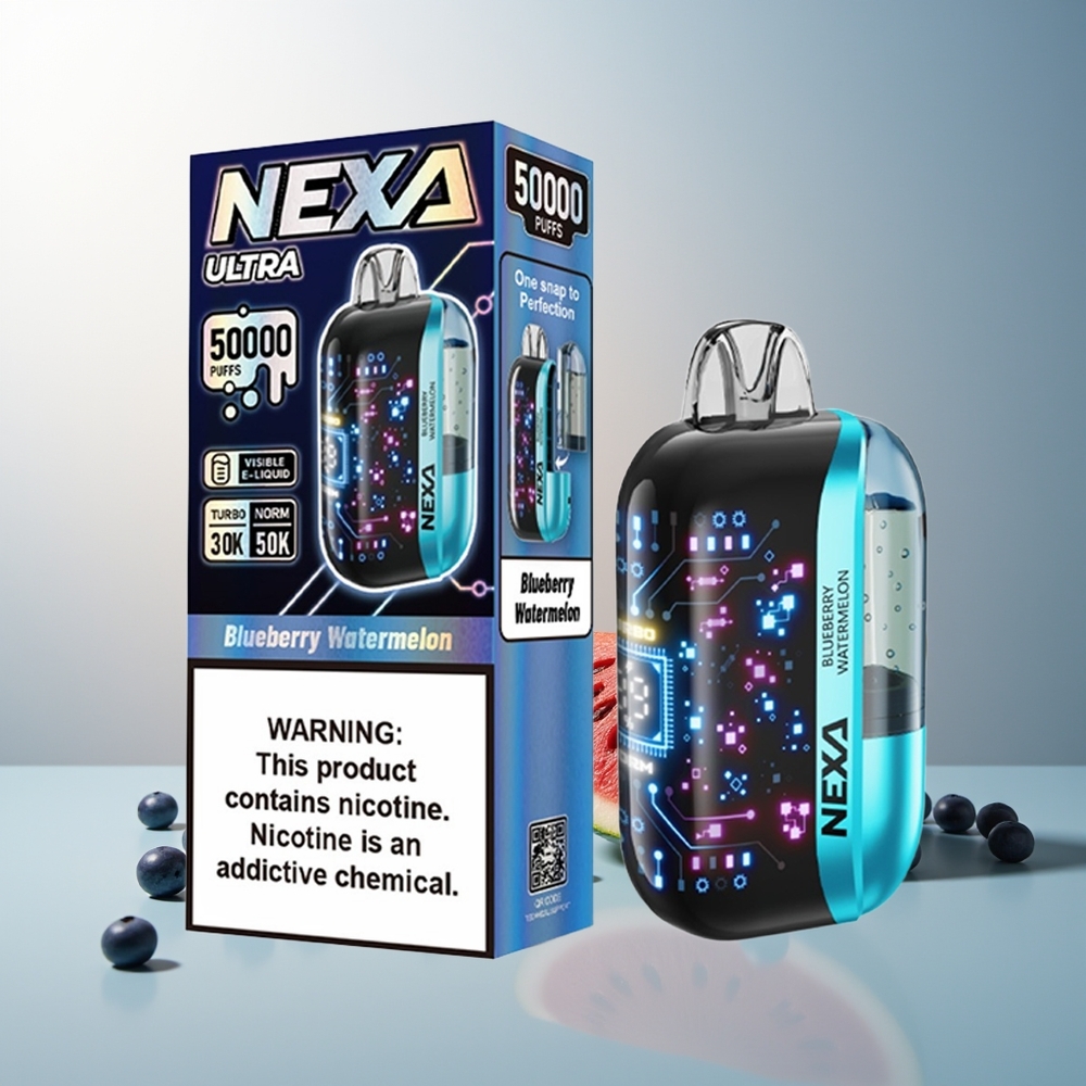 NEXA Ultra 50K Puff 20ml 800mah 5% Nikotin 0.9ohm Çift Mesh Ekranlı Mavi Ahududu Karpuz Aromalı