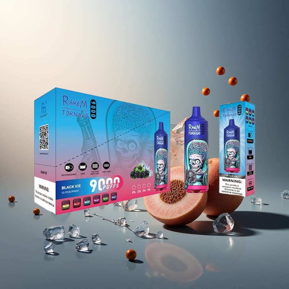 RandM Fumot Tornado 9000 Püf Şarj Edilebilir 850 mAh 18 mL Mesh Coil RGB Ekran Siyah Buz