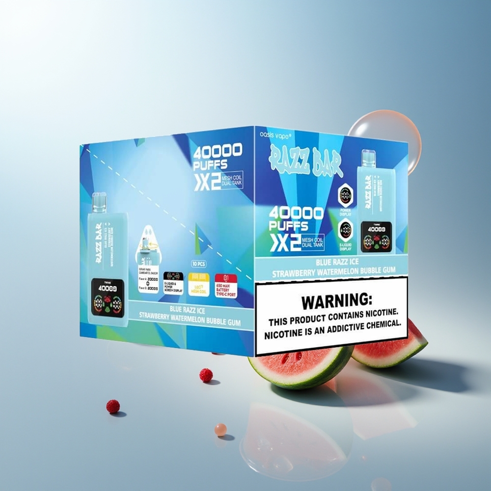 Razz Bar 40000 Puff Güç Ekran Göstergeli 1.0Ohm 2%,5% Nikotin İçeriği Mavi Ahududu Buz-Çilek Karpuz Balonlu Sakram