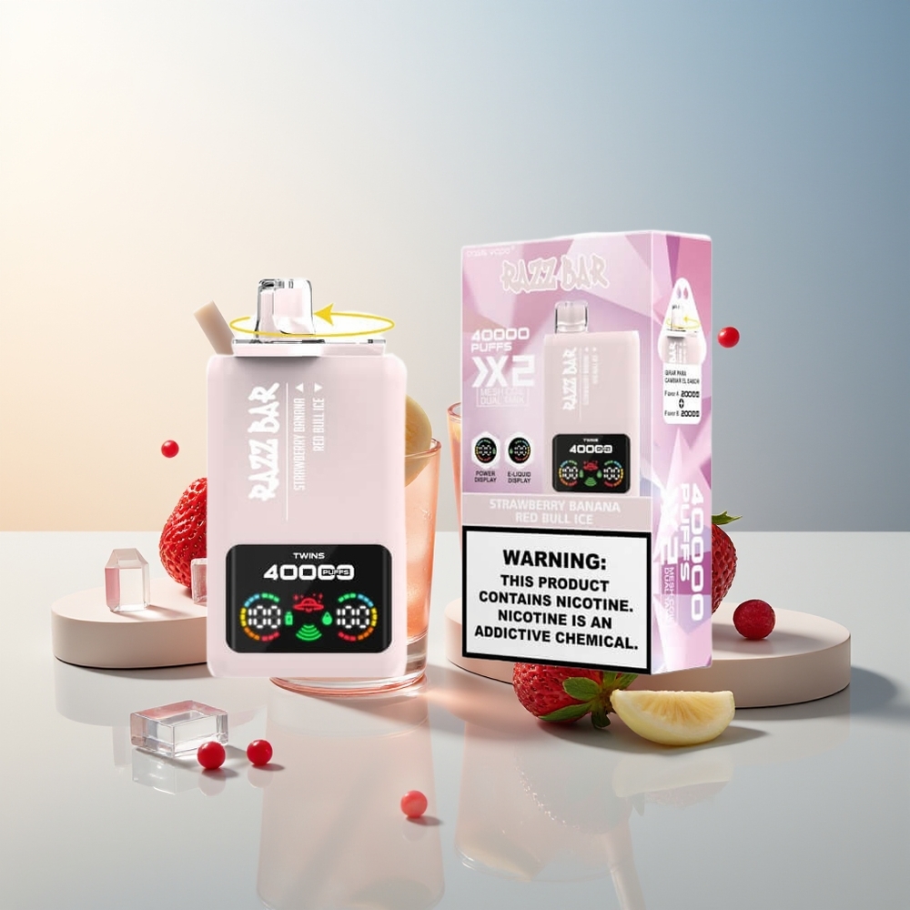 Razz Bar 40000 Puff Güç Ekranı Göstergeli 1.0Ohm 2 Mesh Coil 650 Mah Tip-C Port 2%,5% Nikotin Çilek Muz - Kırmızı Bull Buz