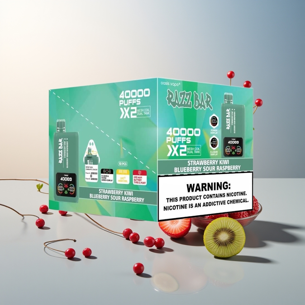 Razz Bar 40000 Puff Güç Ekran Gösterimi 1.0Ohm 2 Mesh Coil Type-C Port Çilek Kivi - Yabanmersini Ekşi Ahududu