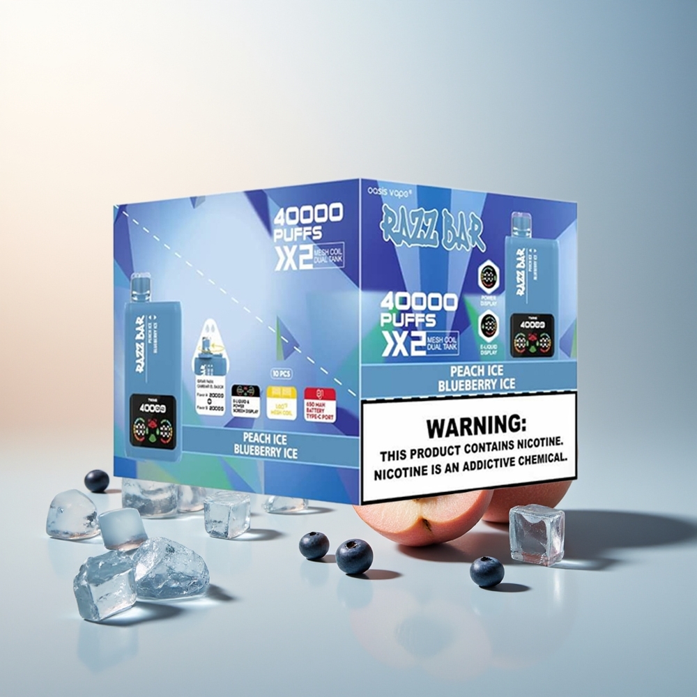 Razz Bar 40000 Puff Güç Ekranlı 1.0Ohm 2 Mesh Coil Type-C Port Şeftali Buzu - Yaban Mersini Buzu