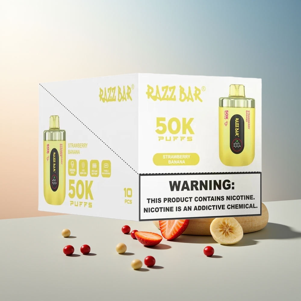 Razz Bar 50K Pufflar 1.0 Ohm Mesh Coil 650 Mah Şarj Edilebilir Çilek Muz Aromalı