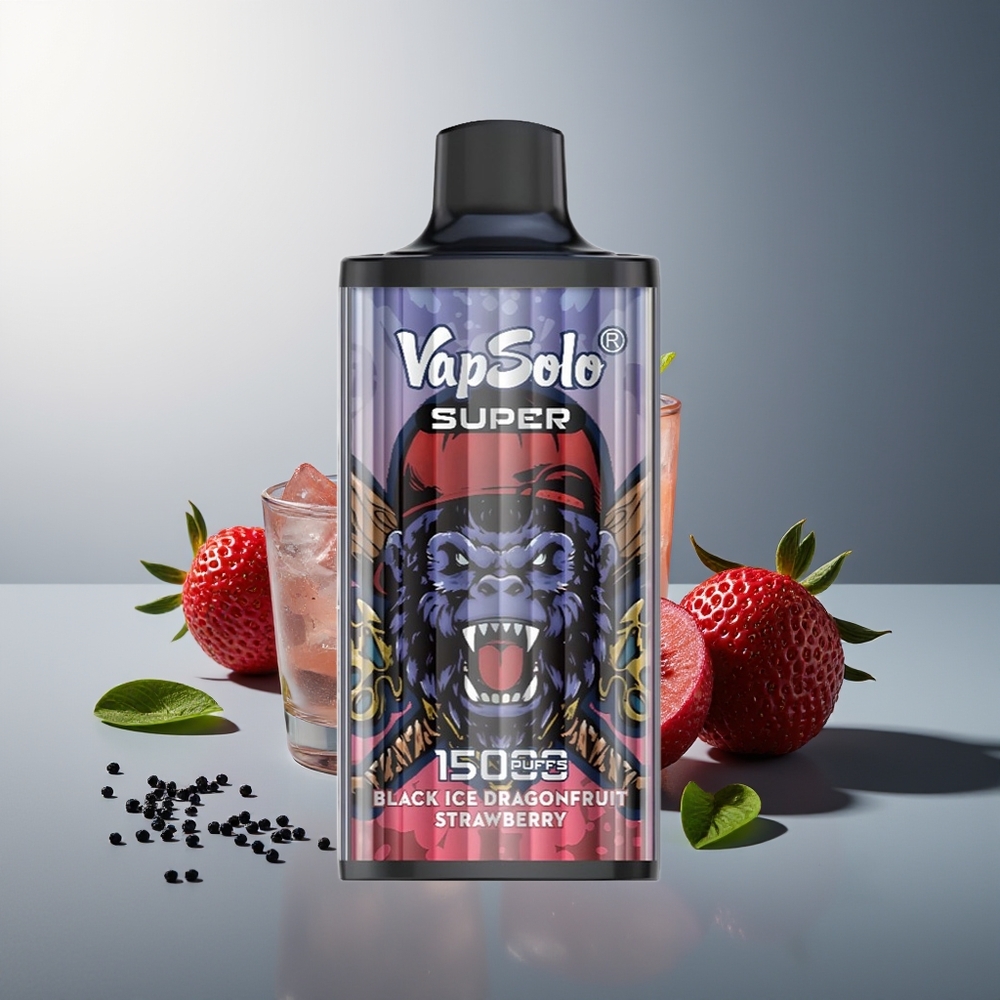 Vapsolo Super 15000 Puff 40ml 850mah Mesh Coil Siyah Buz Ejderha Meyvesi Çilek