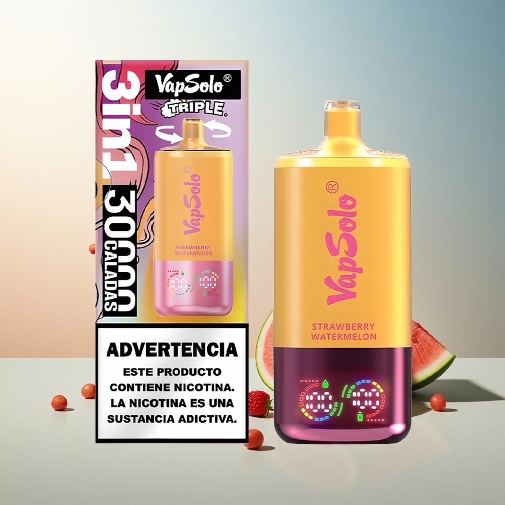VapSolo Triple 30000 Puff 40ml 3 Hazneli Type-C Şarj Çilek Karpuz & Limon Şeftali