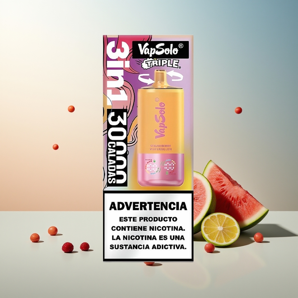 VapSolo Triple 30000 Puff 40ml 3 Hazneli Type-C Şarj Çilek Karpuz & Limon Şeftali