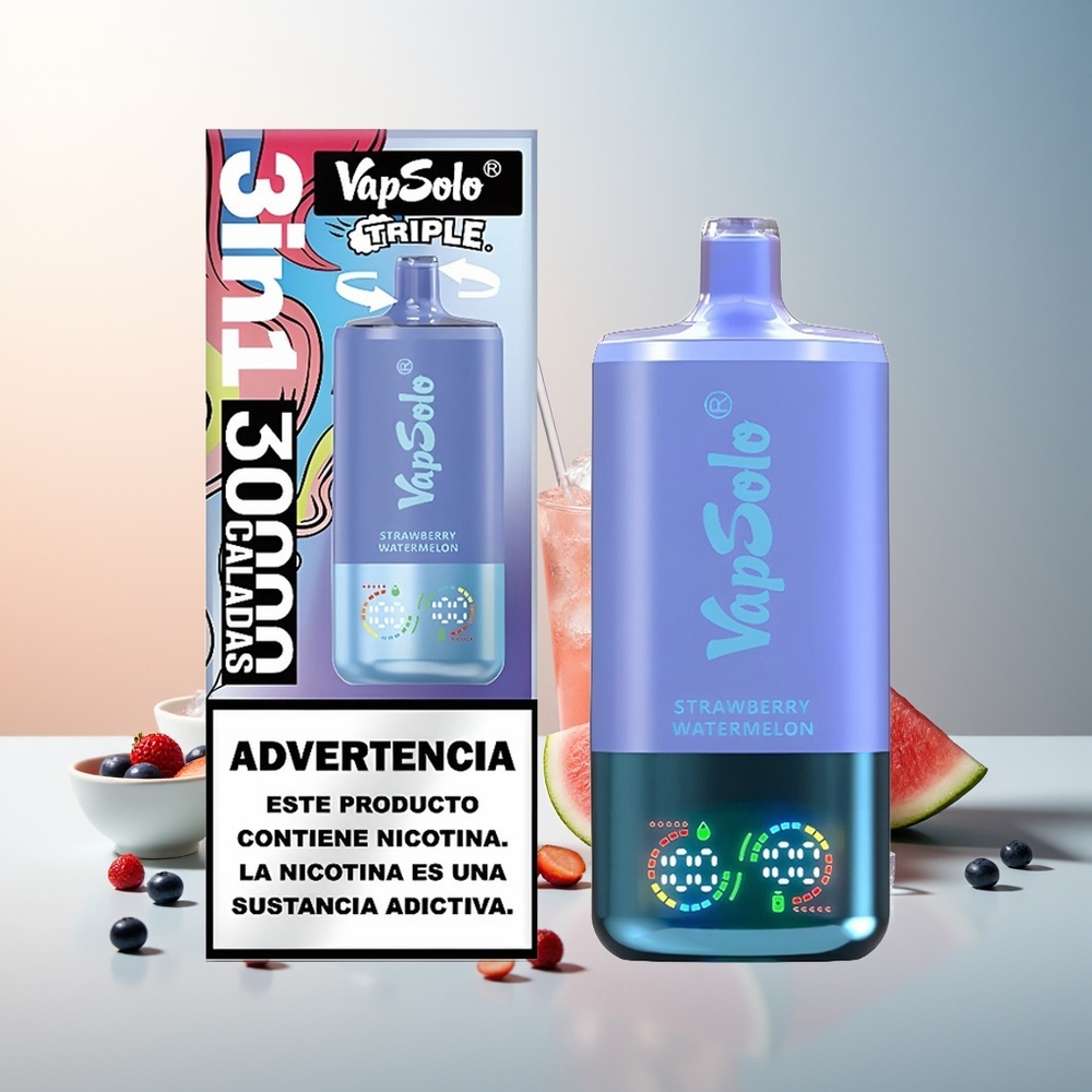 VapSolo Triple 30000 Puff 40ml 3 Hazneli Çilek Karpuz & Yaban Mersini Buz