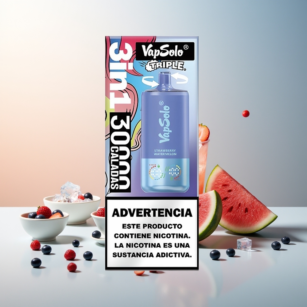 VapSolo Triple 30000 Puff 40ml 3 Hazneli Çilek Karpuz & Yaban Mersini Buz